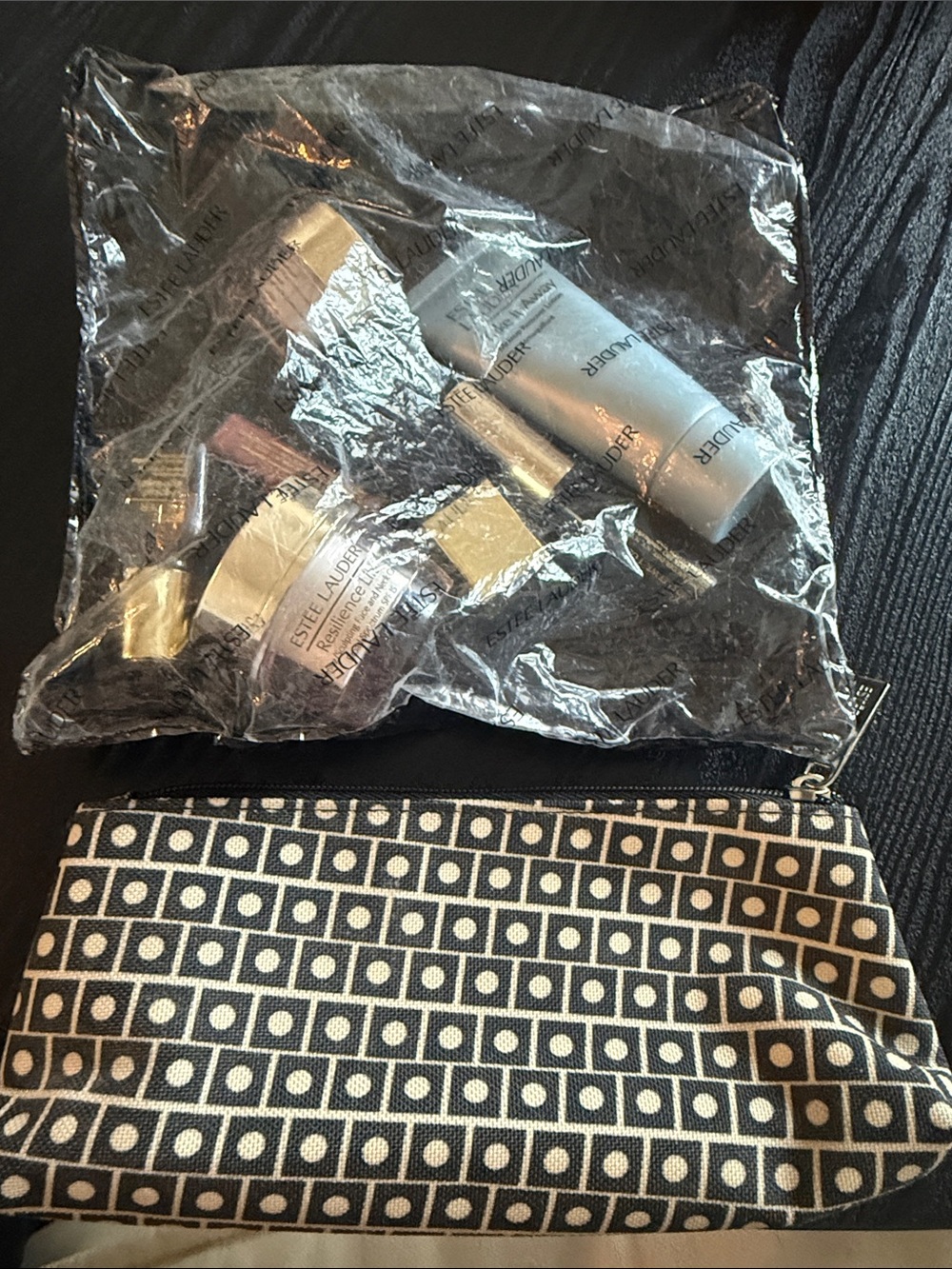 Estee Lauder Silver Mini Skincare Set with Patterned Black & Cream Pouch